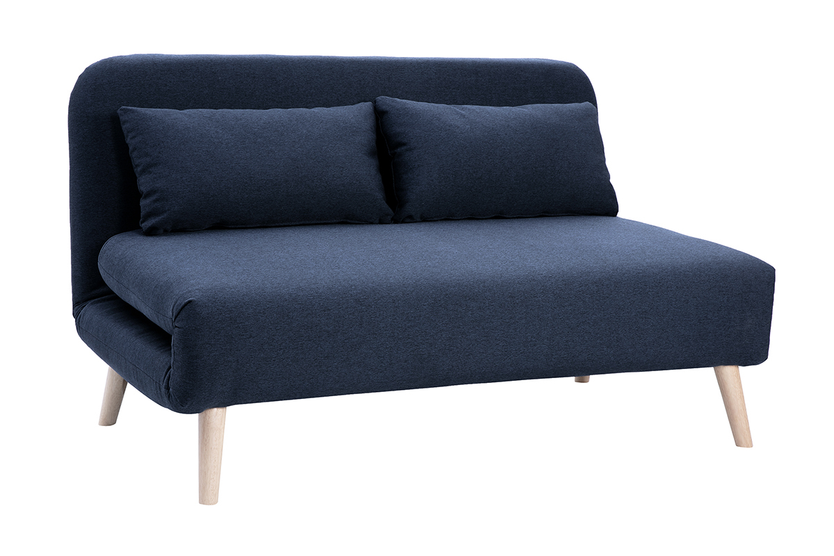 Poltrona letto a due posti convertibile in tessuto blu scuro e legno chiaro AMIKO