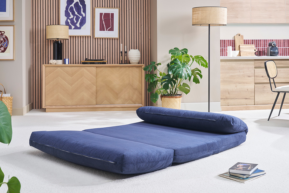 Poltrona letto convertibile 2 posti in tessuto velluto a coste blu scuro SPENCER