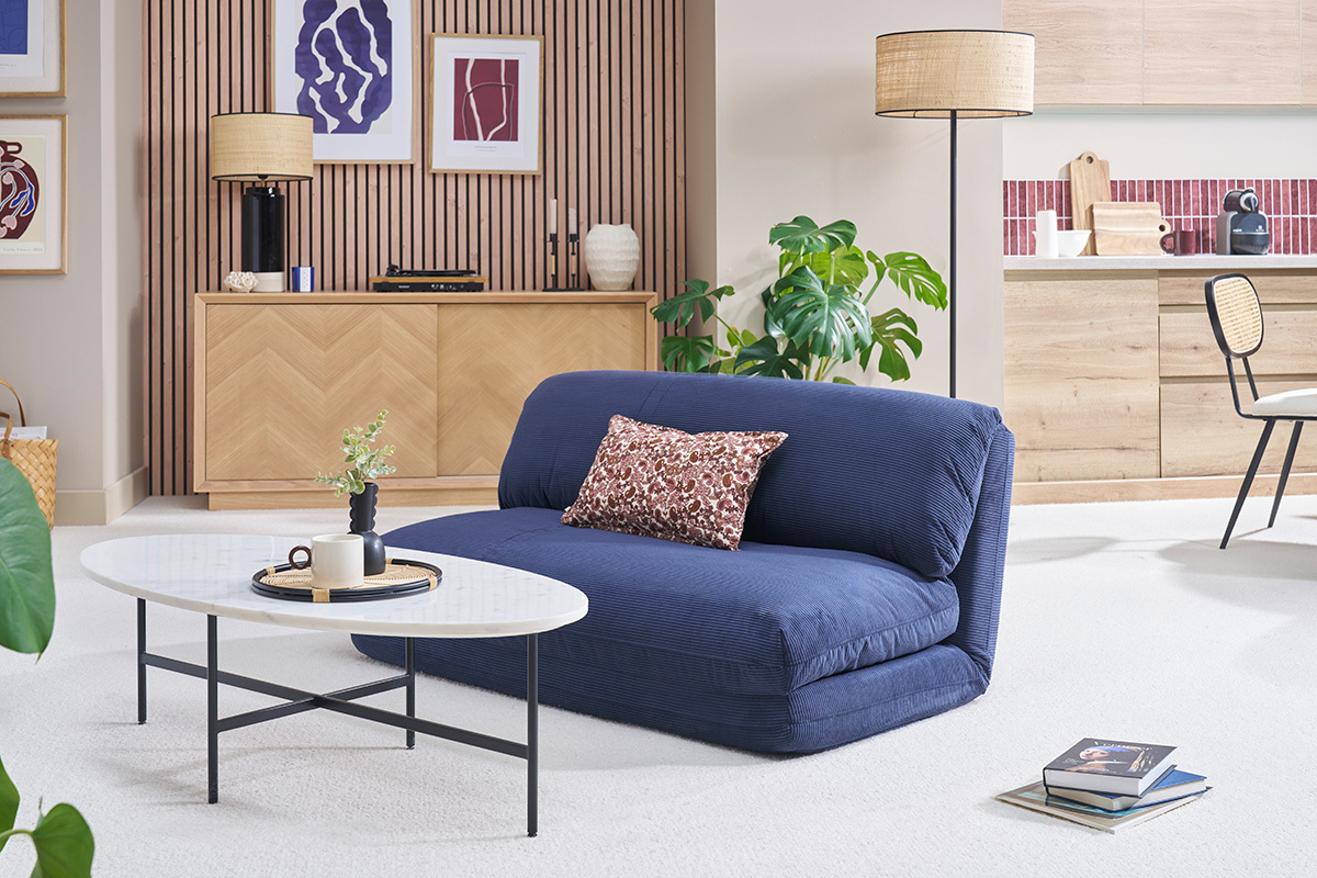 Poltrona letto convertibile 2 posti in tessuto velluto a coste blu scuro SPENCER