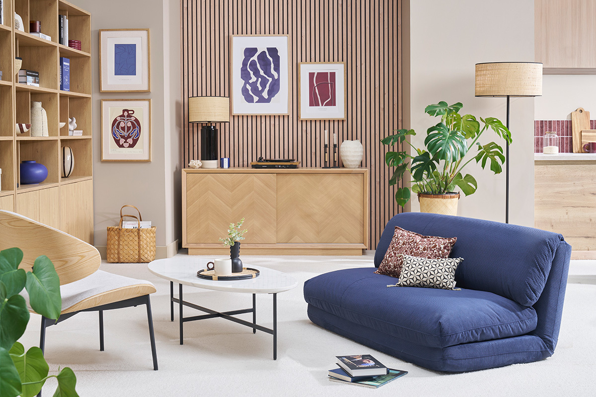 Poltrona letto convertibile 2 posti in tessuto velluto a coste blu scuro SPENCER