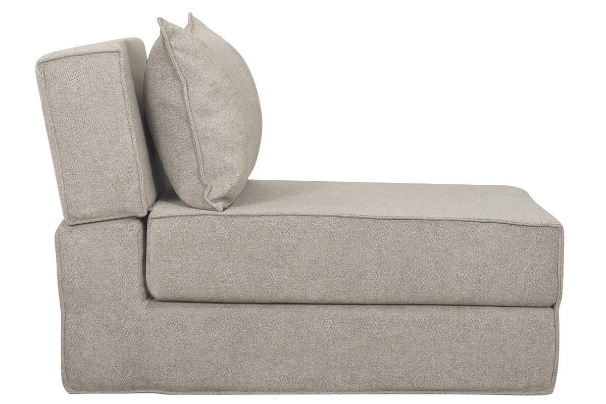 Poltrona letto convertibile in tessuto effetto velluto grigio, vista laterale.