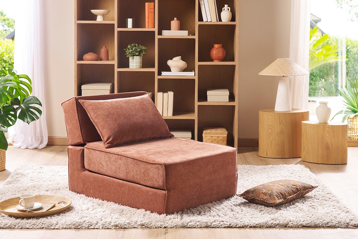Poltrona letto singola in tessuto effetto velluto color terracotta VICTOR