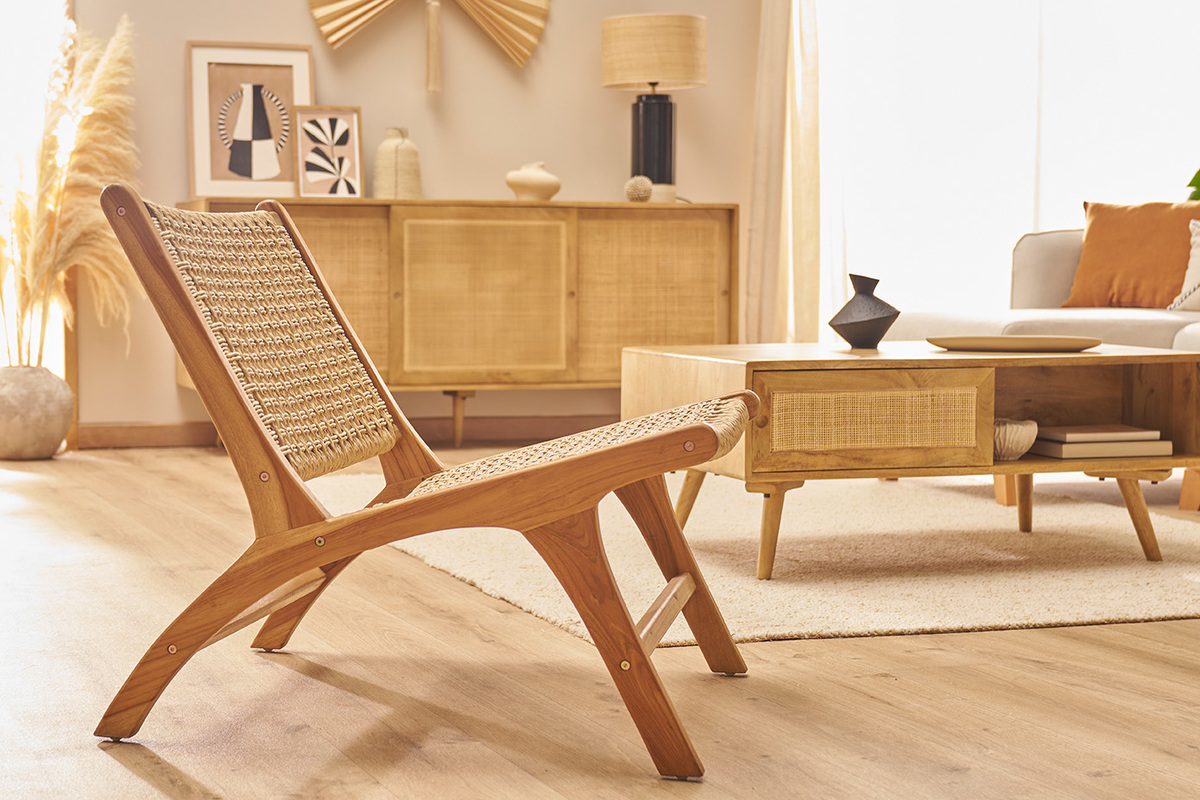 Poltrona lounge in massello di teak e corda intrecciata SUMBA