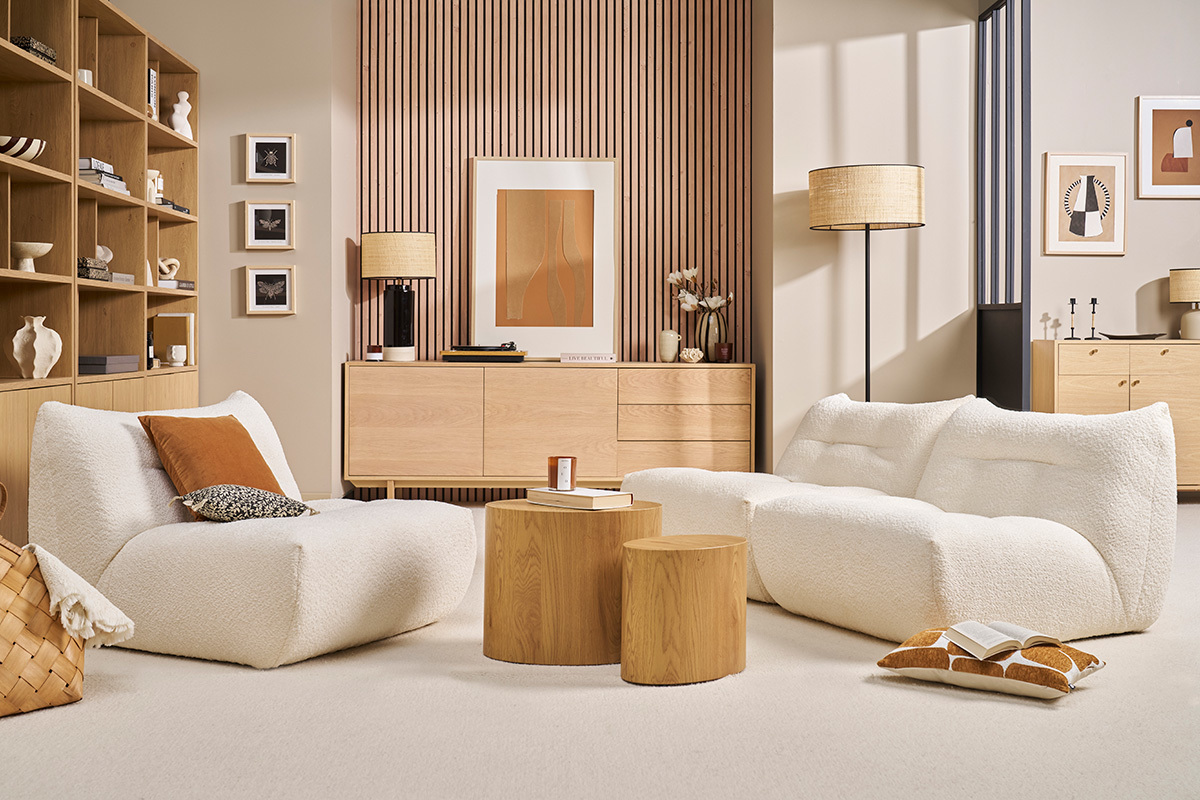 Poltrona lounge in tessuto boucl bianco sporco BUMPY