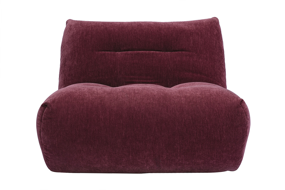 Poltrona lounge BUMPY in tessuto effetto velluto prugna, vista frontale, design contemporaneo senza braccioli.