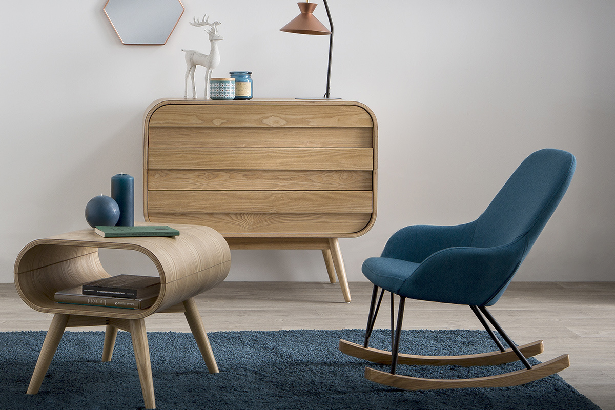 Poltrona relax - Baby sedia a dondolo tessuto blu gambe in metallo e frassino JHENE