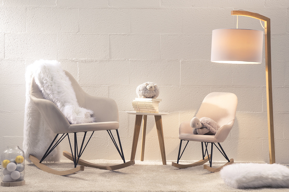 Poltrona relax - Baby sedia a dondolo tessuto naturale gambe in metallo e frassino JHENE