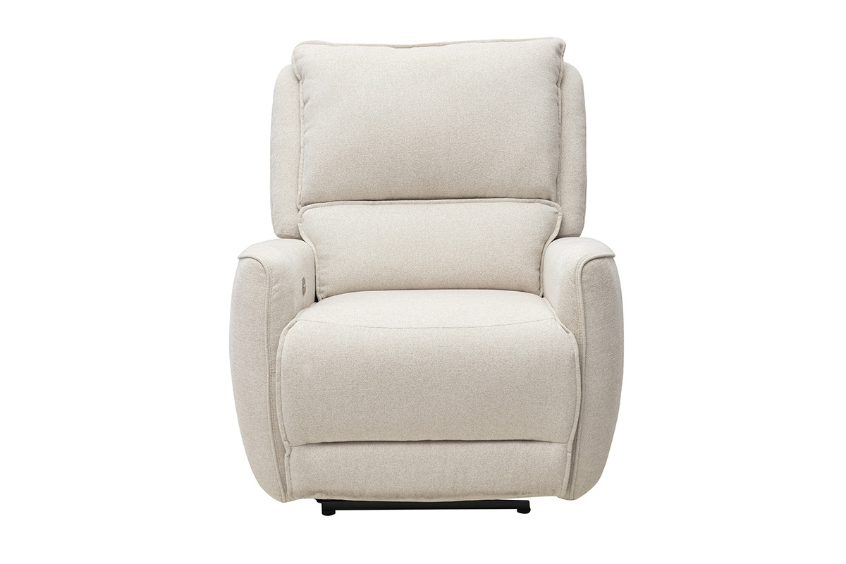 Poltrona relax elettrica in tessuto effetto velluto testurizzato beige, vista frontale.