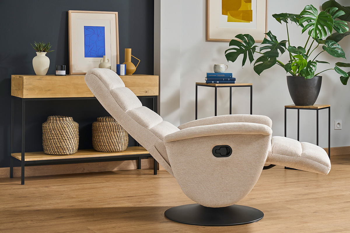 Poltrona relax girevole manuale in tessuto di ciniglia beige NELSON
