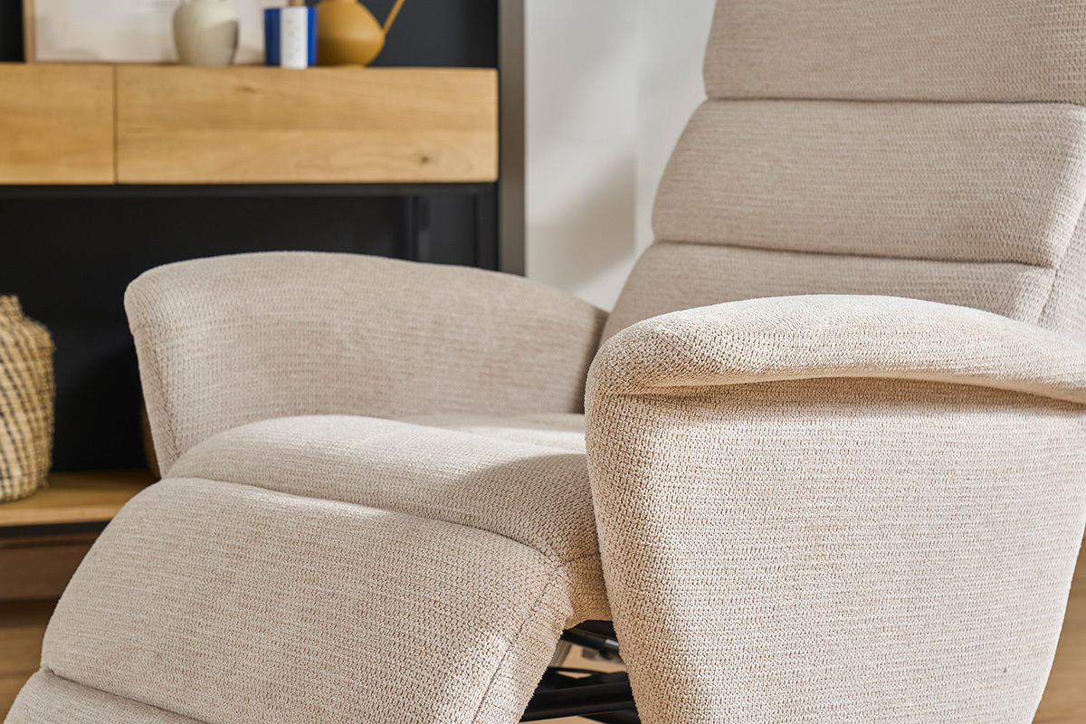 Poltrona relax girevole manuale in tessuto di ciniglia beige NELSON