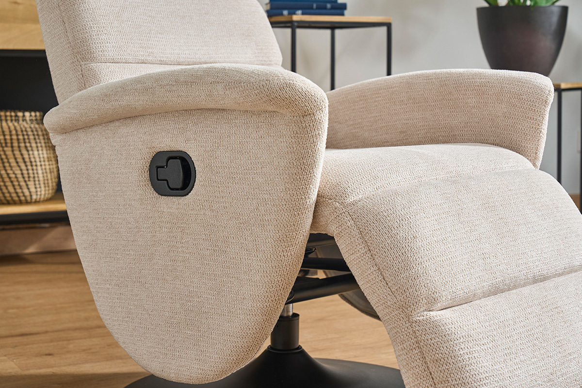 Poltrona relax girevole manuale in tessuto di ciniglia beige NELSON