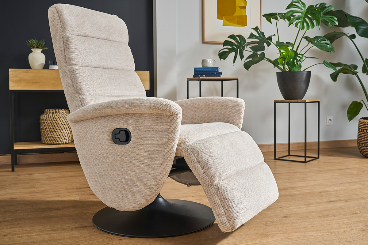 Poltrona relax girevole manuale in tessuto di ciniglia beige NELSON