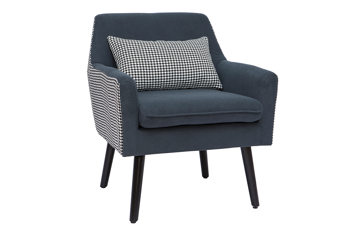 Poltrona retr in velluto blu grigio e tessuto pied de poule DORIS