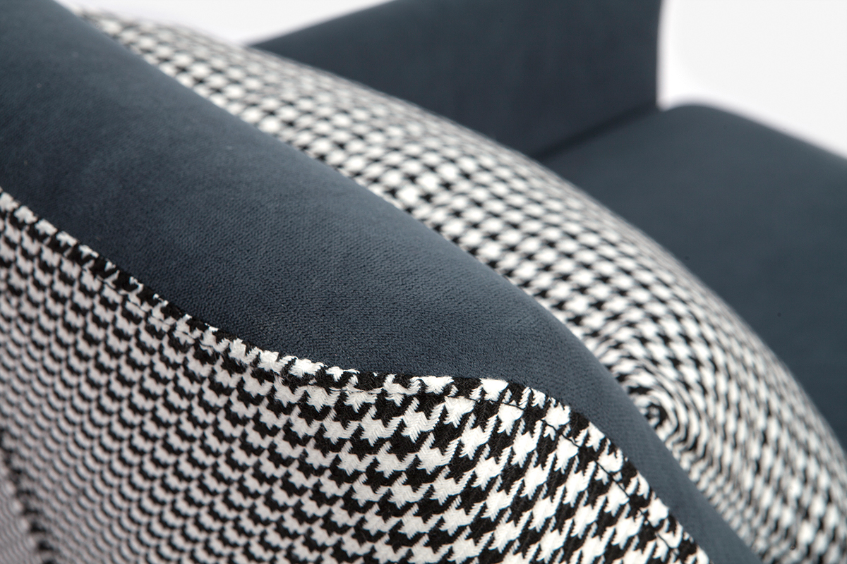 Poltrona retr in velluto blu grigio e tessuto pied de poule DORIS