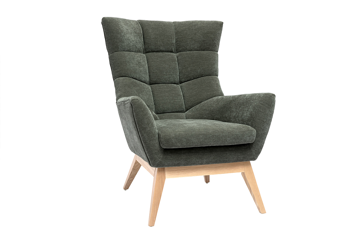 Poltrona scandinava effetto velluto kaki e legno BRODY