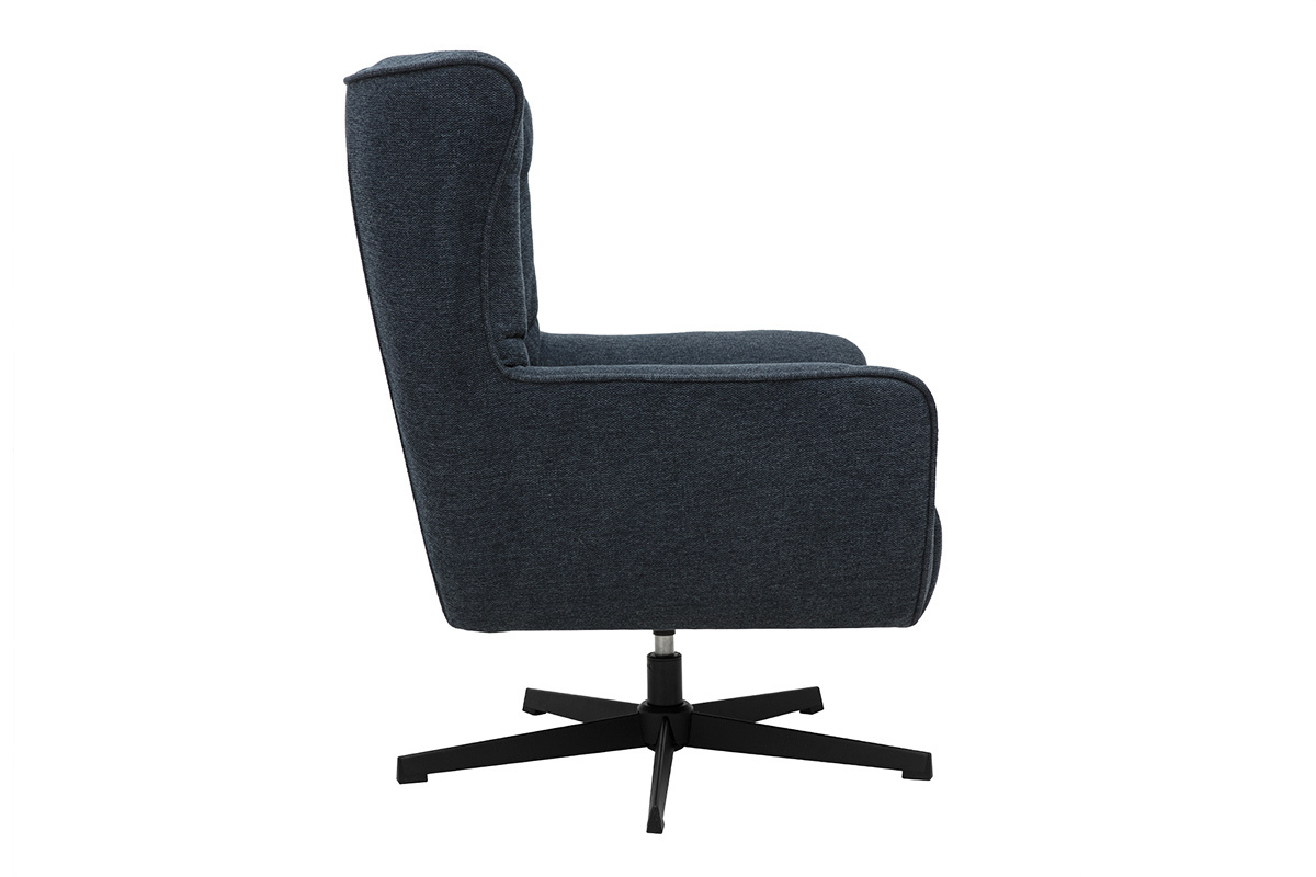 Poltrona scandinava girevole in tessuto effetto velluto testurato blu scuro e metallo AVERY