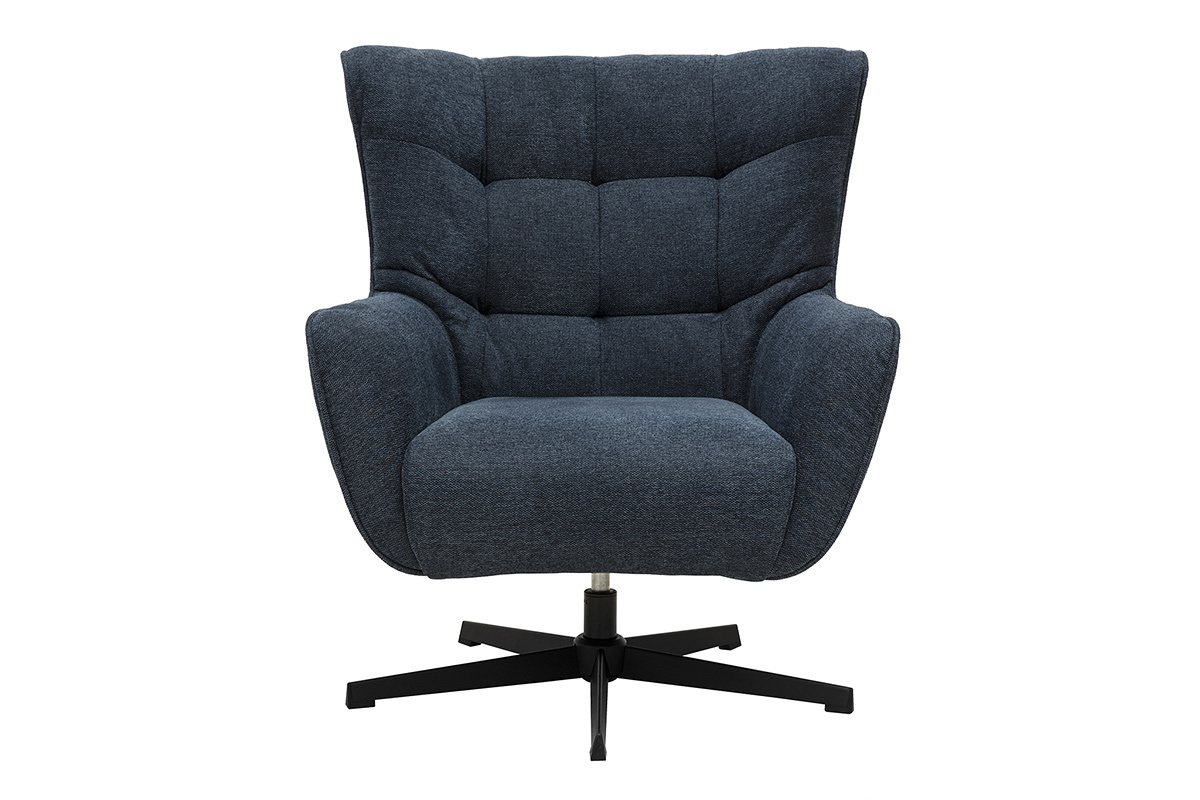 Poltrona scandinava girevole in tessuto effetto velluto testurato blu scuro e metallo AVERY