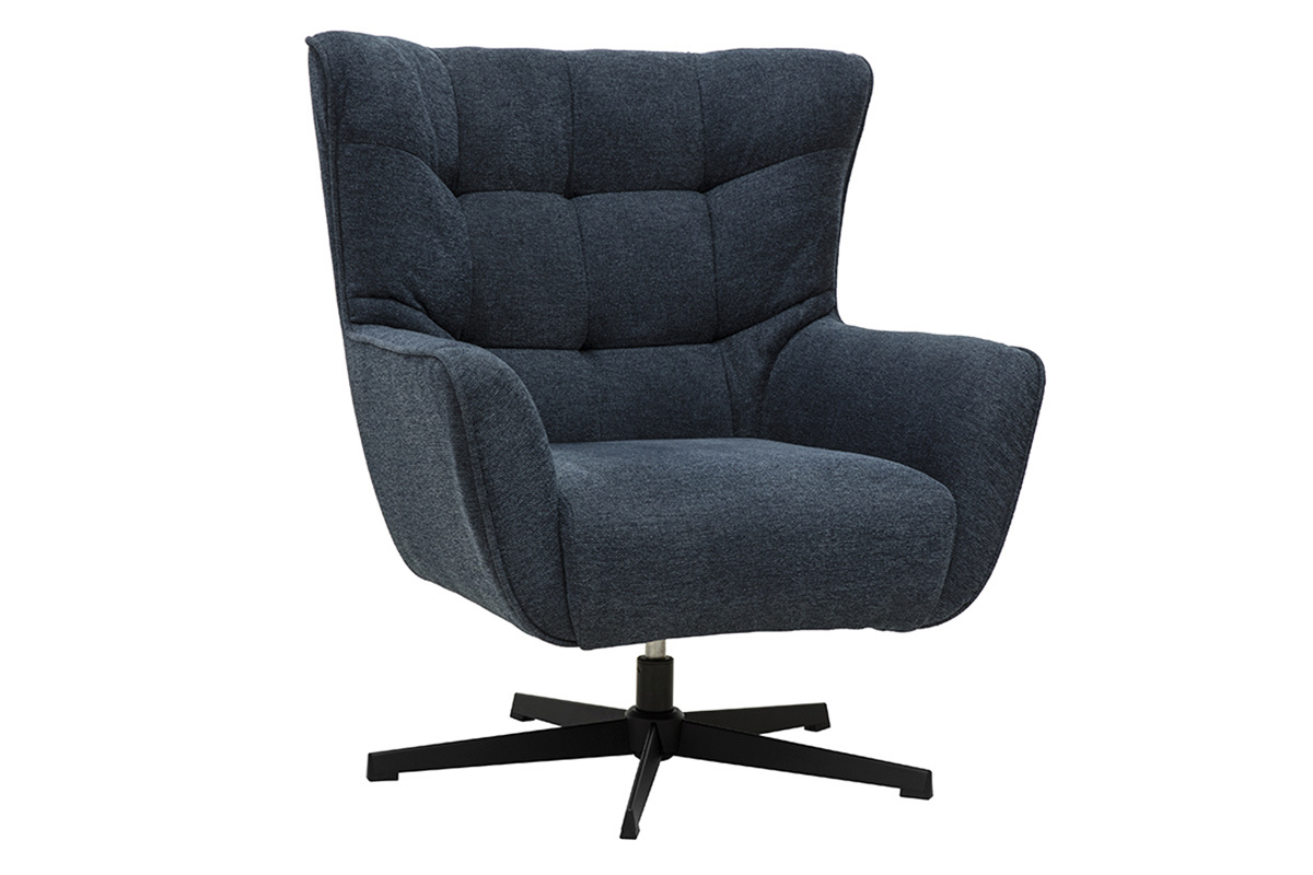 Poltrona scandinava girevole in tessuto effetto velluto testurato blu scuro e metallo AVERY