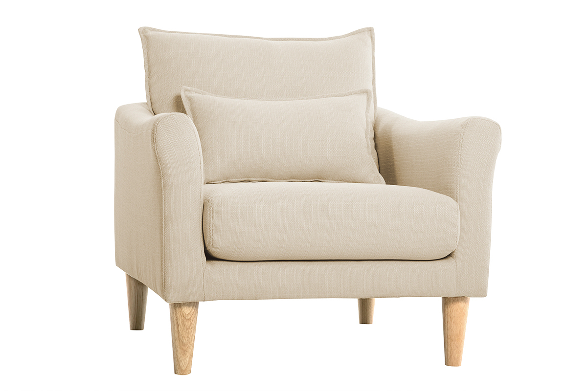 Poltrona scandinava in tessuto beige e massello di hevea KATE