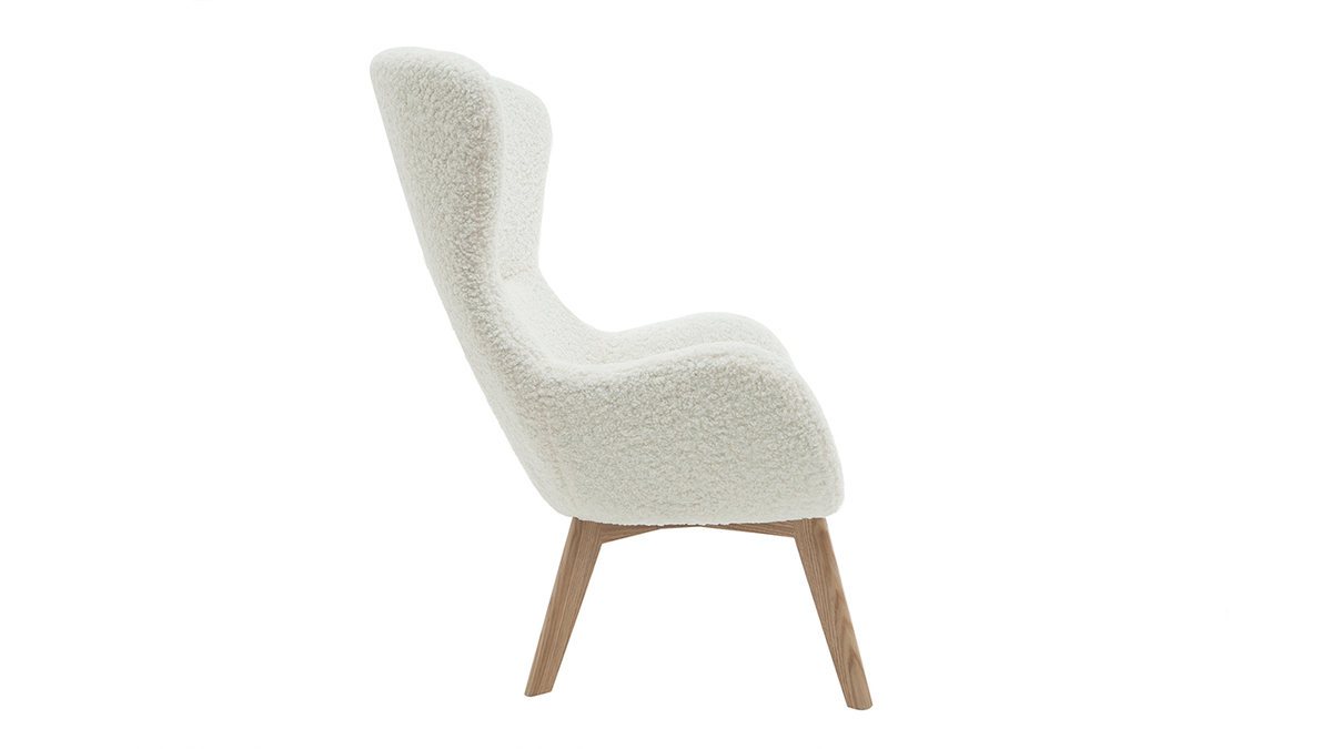 Poltrona scandinava in tessuto bianco con lana effetto riccia e legno ESKUA