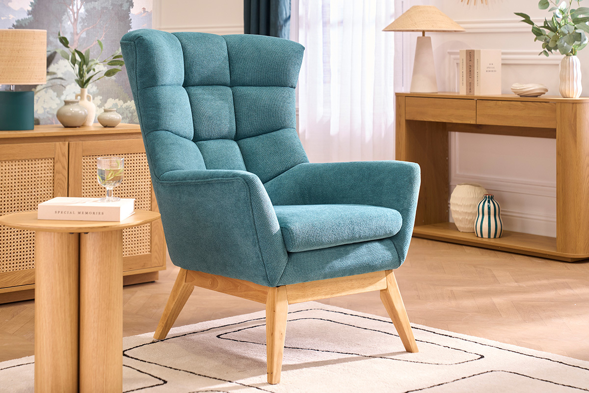 Poltrona scandinava in tessuto ciniglia texturizzato celadon e legno chiaro BRODY