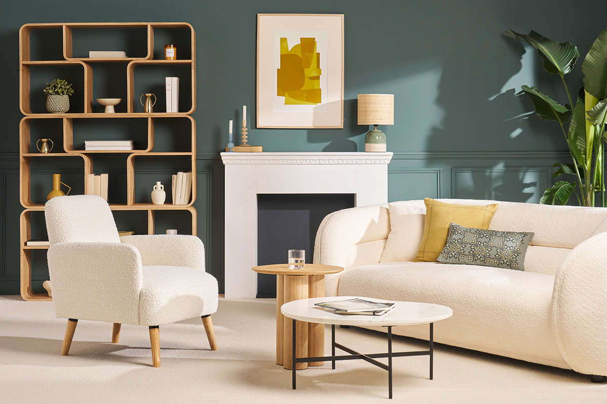 Poltrona scandinava in tessuto effetto lana boucl e legno ISKO
