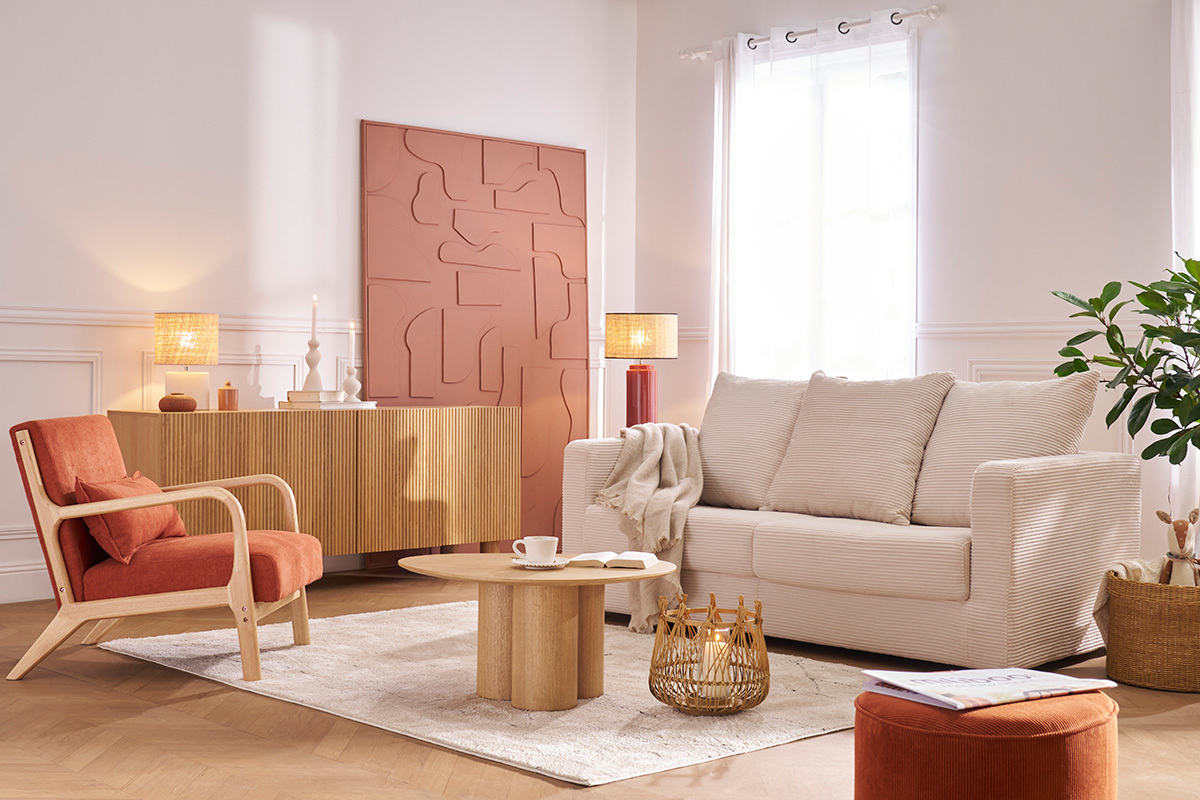 Poltrona scandinava in tessuto effetto velluto color bruciato e legno massello chiaro DERRY