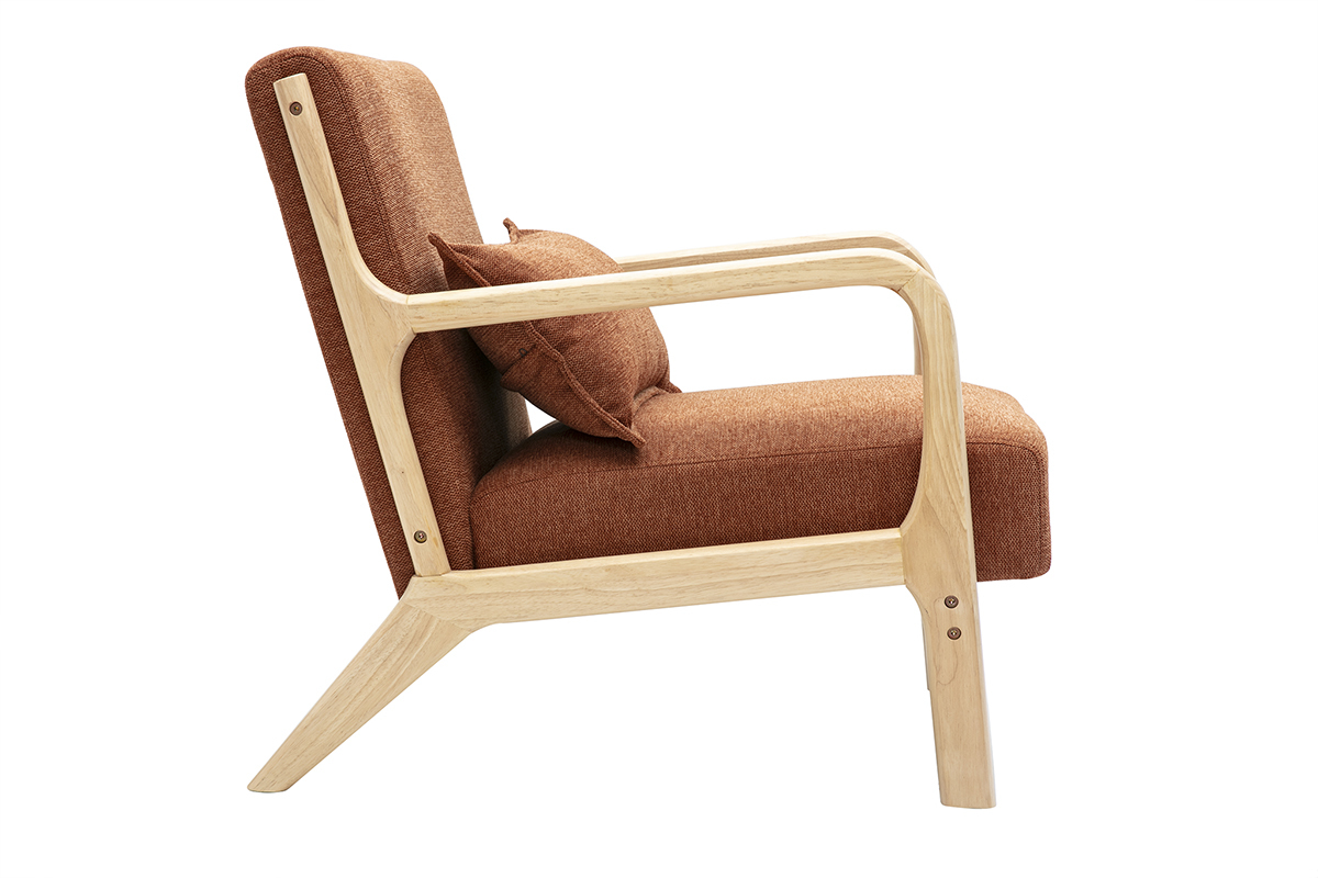 Poltrona scandinava in tessuto effetto velluto color bruciato e legno massello chiaro DERRY