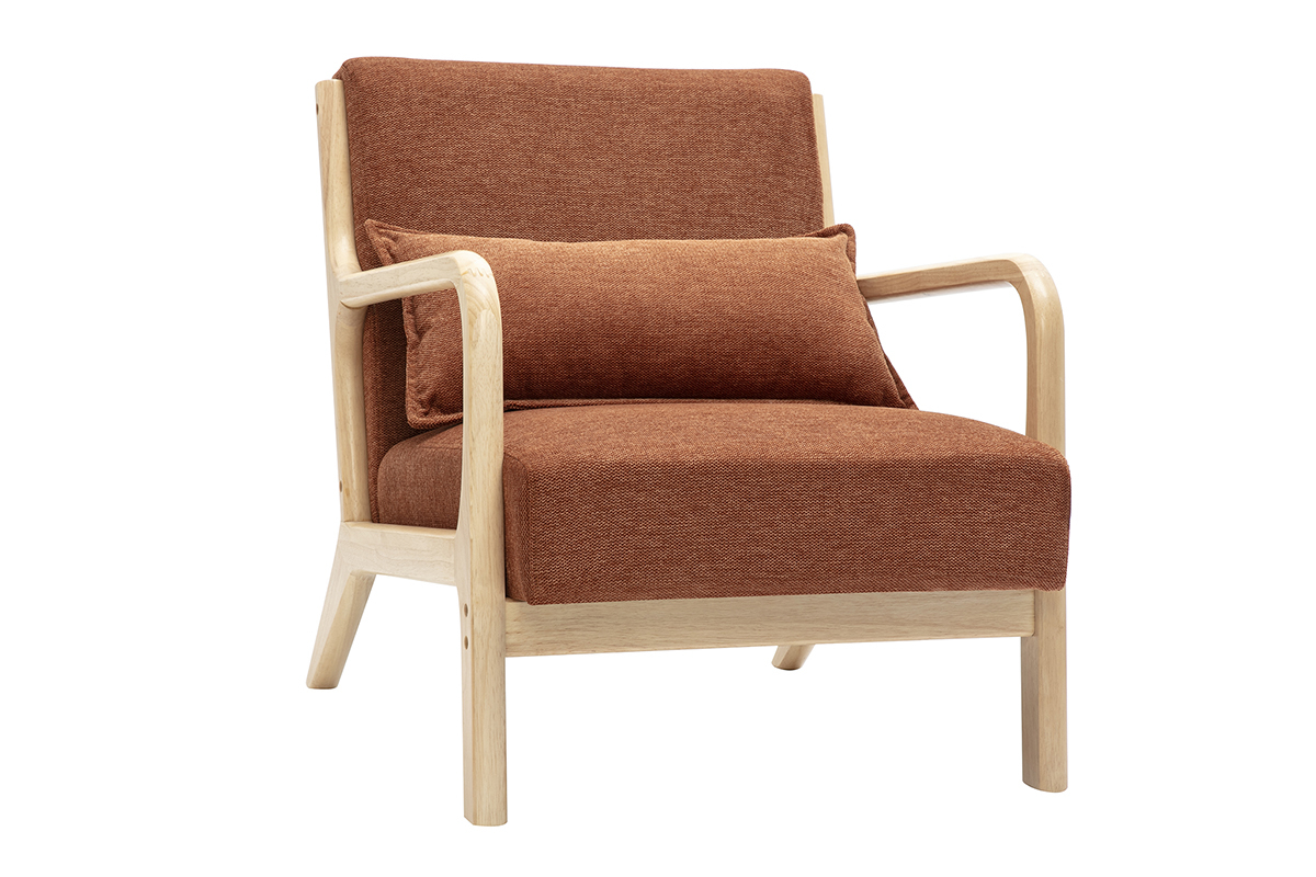 Poltrona scandinava in tessuto effetto velluto color bruciato e legno massello chiaro DERRY