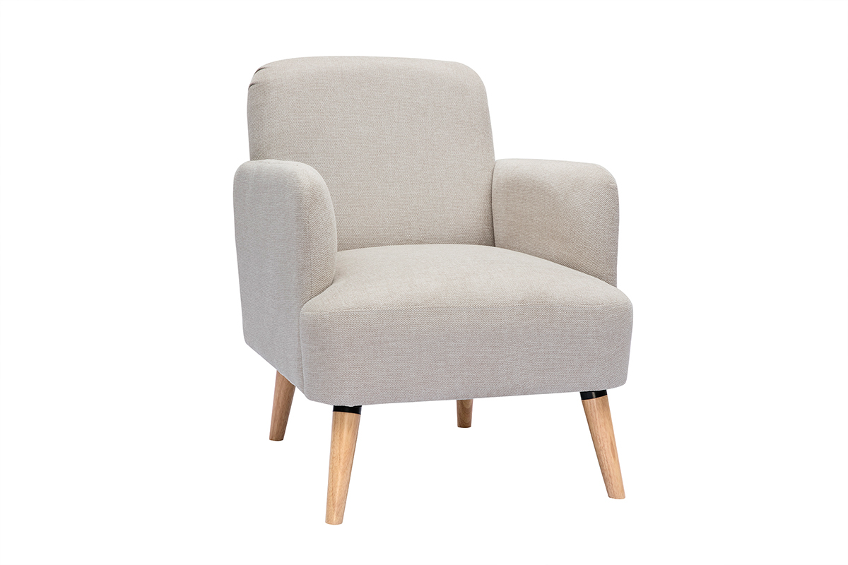 Poltrona scandinava in tessuto effetto velluto testurizzato beige e legno ISKO