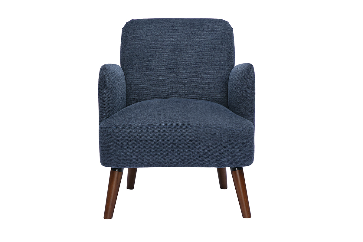 Poltrona scandinava blu scuro, vista frontale, gambe in legno scuro.