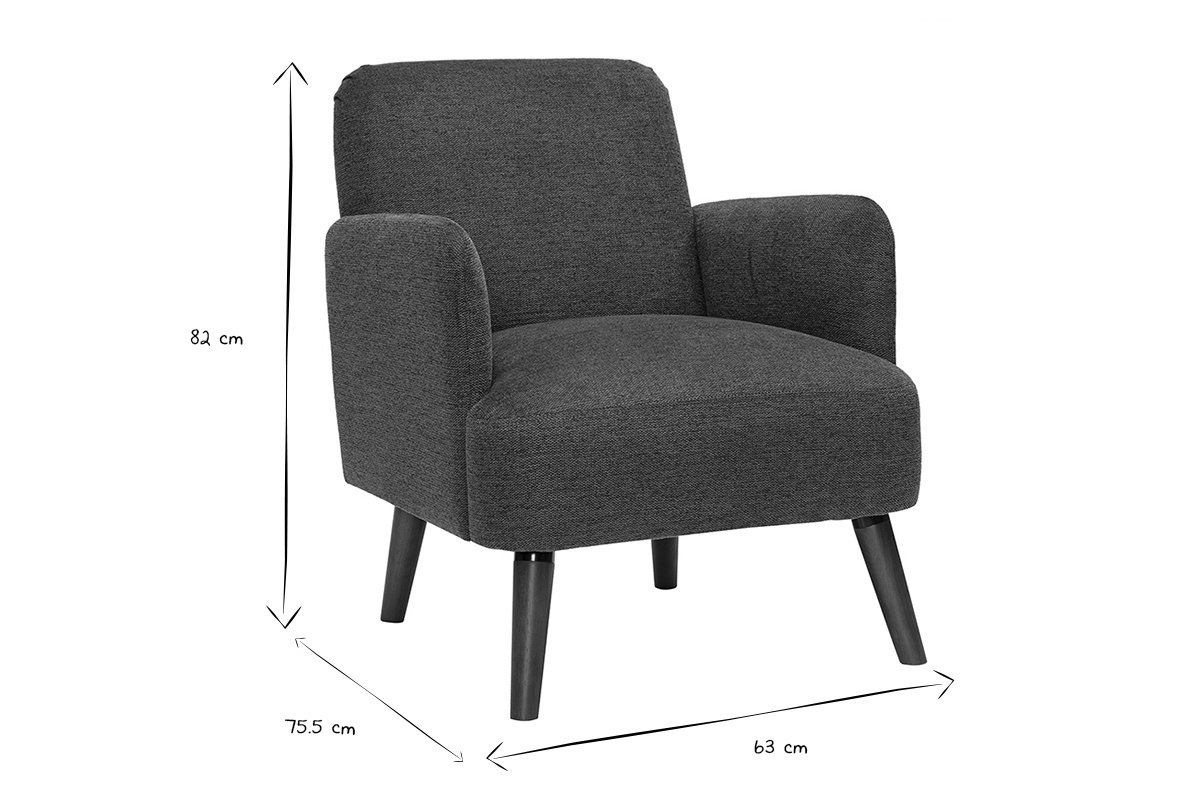 Dimensioni in bianco e nero della poltrona scandinava ISKO: 82 cm x 75,5 cm x 63 cm.