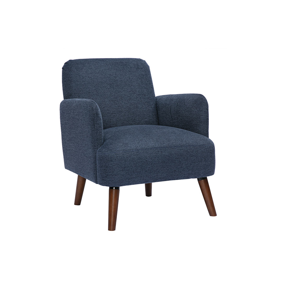 Poltrona scandinava in tessuto effetto velluto testurizzato blu scuro e legno scuro ISKO