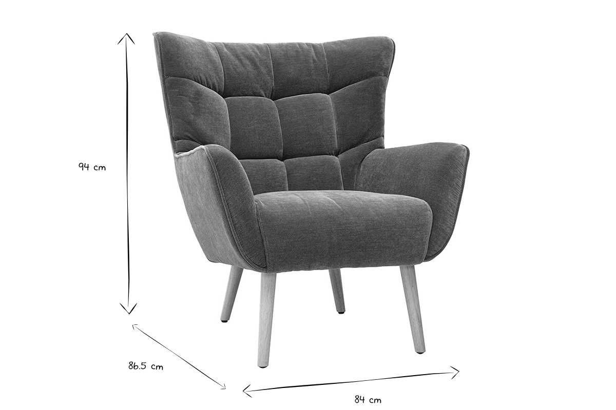 Dimensioni della poltrona scandinava AVERY in bianco e nero, 94 cm di altezza, 84 cm di larghezza, 86,5 cm di profondit�.