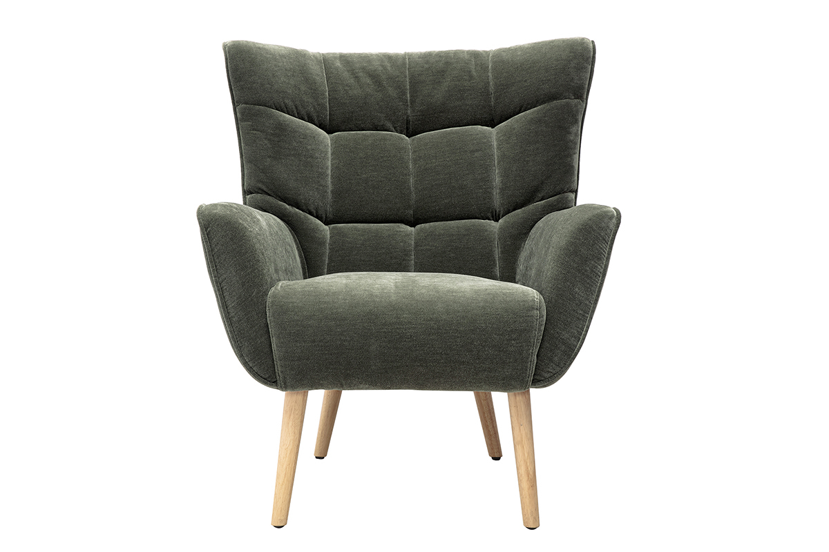 Poltrona scandinava AVERY in tessuto velluto verde kaki, con schienale capitonn� e gambe in legno chiaro.