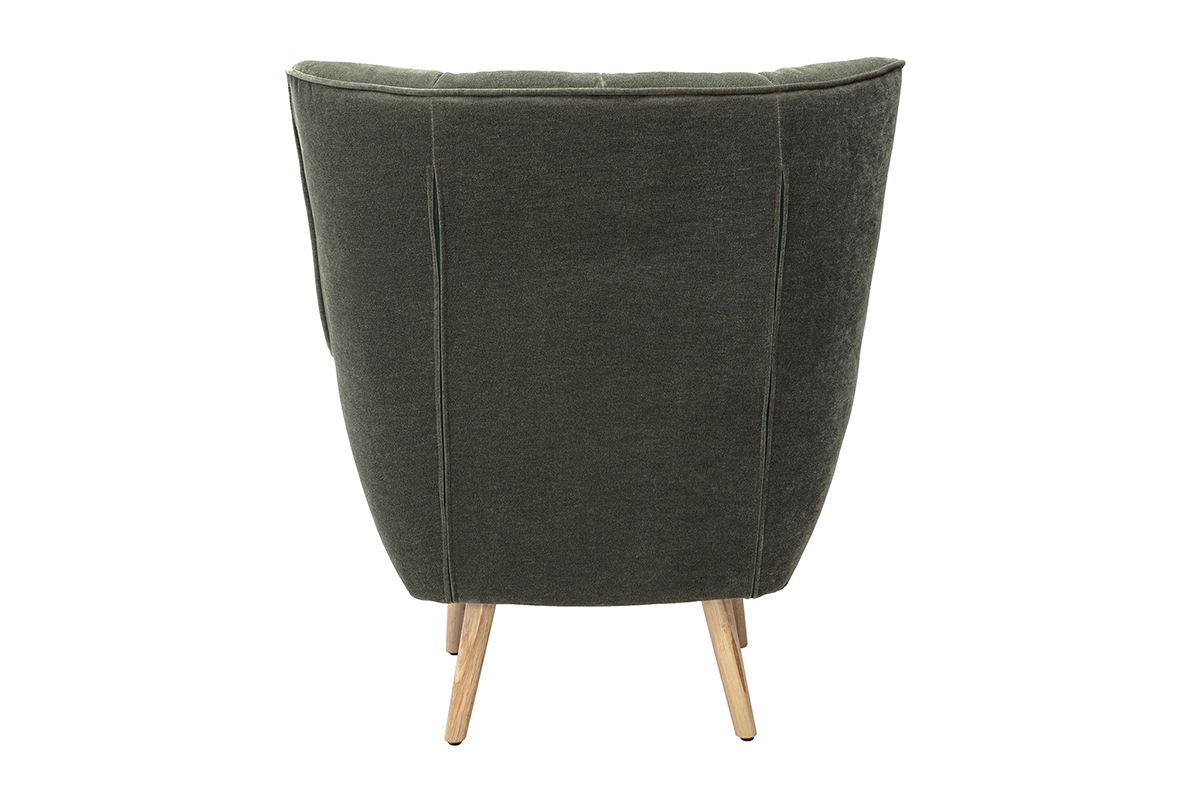 Poltrona scandinava AVERY in tessuto verde kaki, vista da dietro, con gambe in legno chiaro.