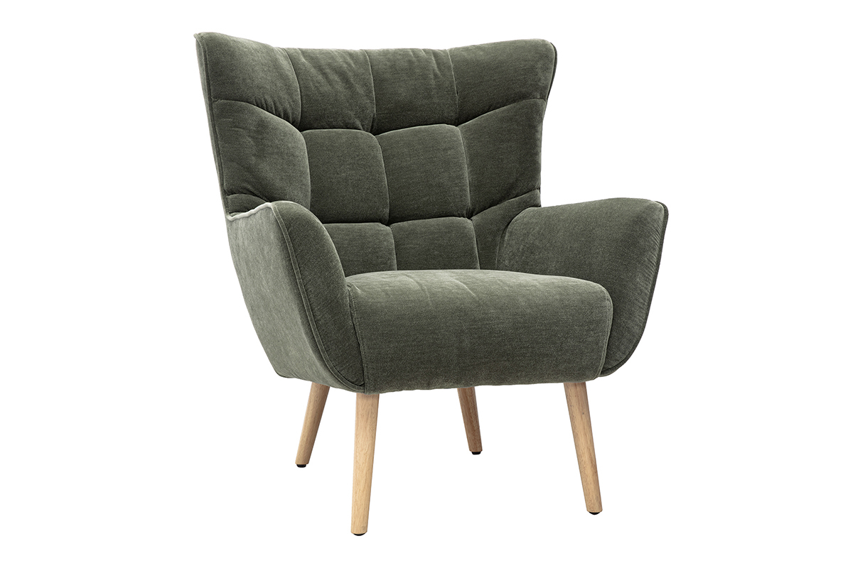 Poltrona scandinava AVERY in tessuto velluto verde kaki con piede in legno di caucci�, vista a 3/4