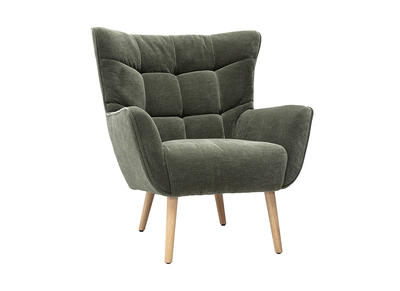 Poltrona scandinava in tessuto effetto velluto verde kaki e legno chiaro AVERY