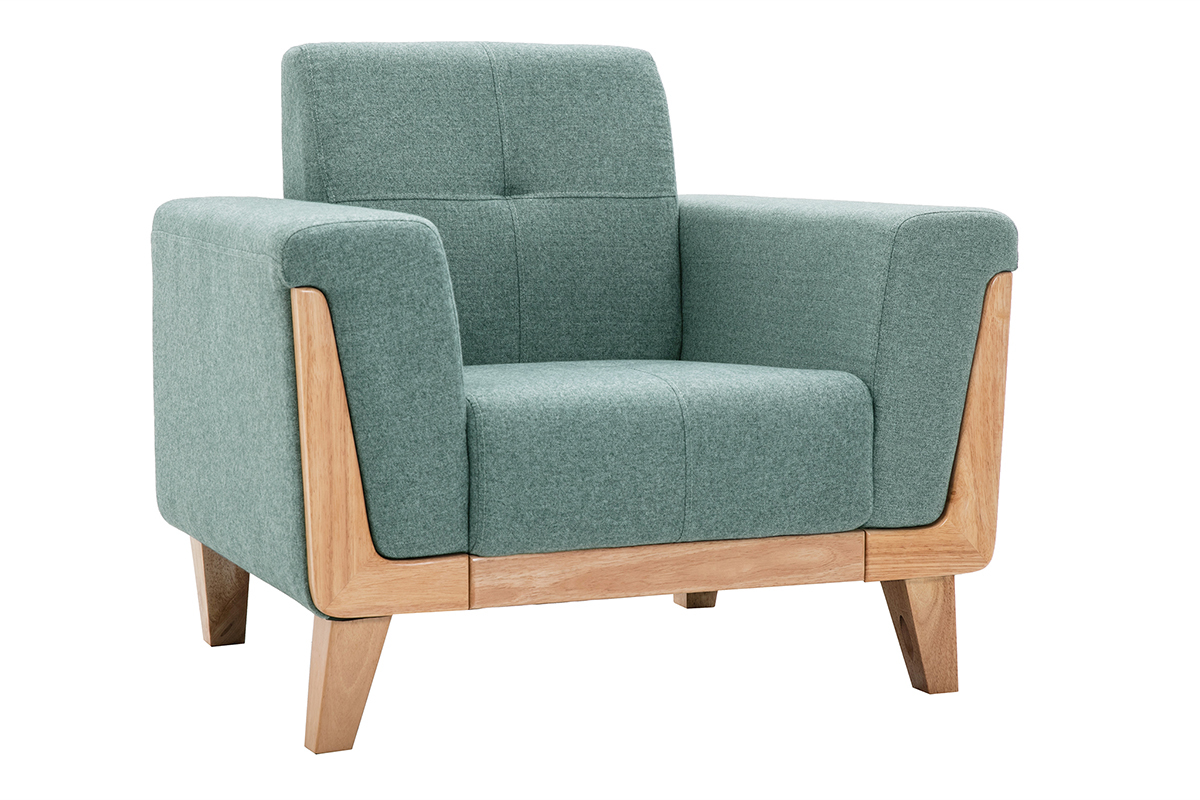 Poltrona scandinava in tessuto grigio-verde e legno chiaro FJORD