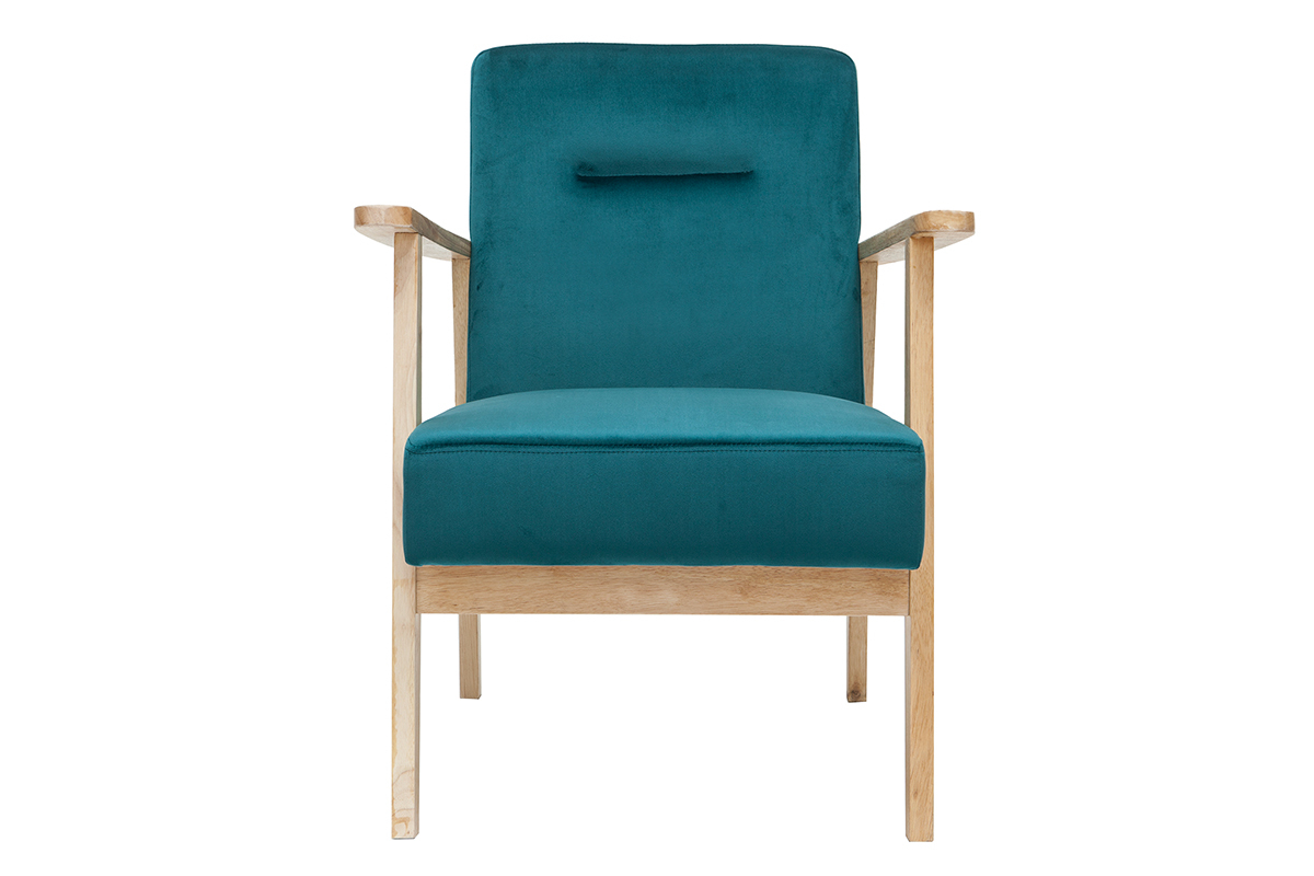 Poltrona scandinava in velluto blu petrolio e legno chiaro ABYSS