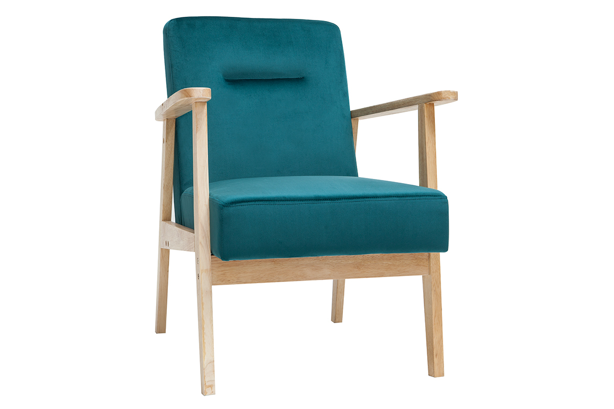 Poltrona scandinava in velluto blu petrolio e legno chiaro ABYSS