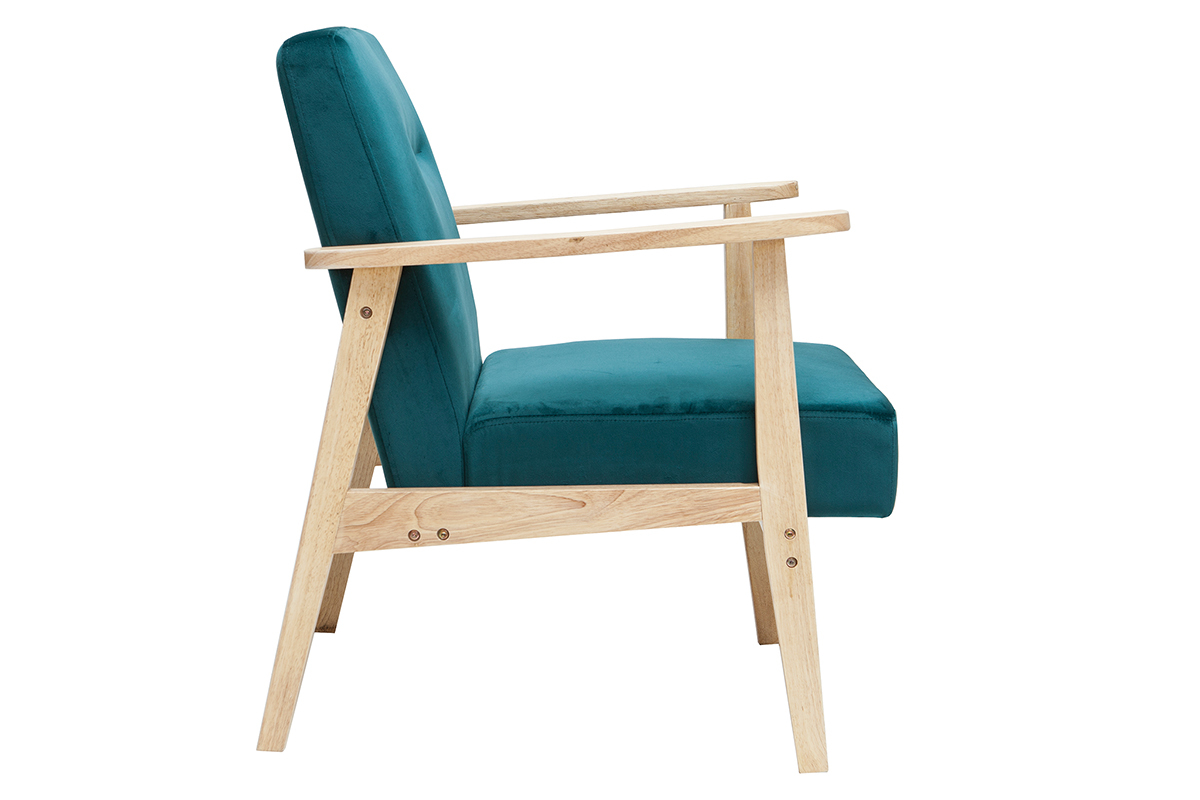 Poltrona scandinava in velluto blu petrolio e legno chiaro ABYSS