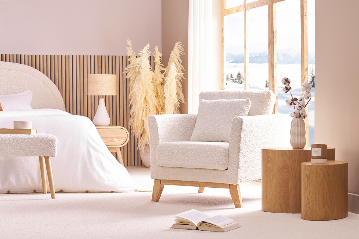 Poltrona scandinava sfoderabile bianco effetto lana boucl OSLO