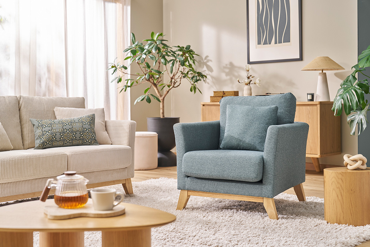 Poltrona scandinava sfoderabile in tessuto grigio-verde e legno chiaro OSLO