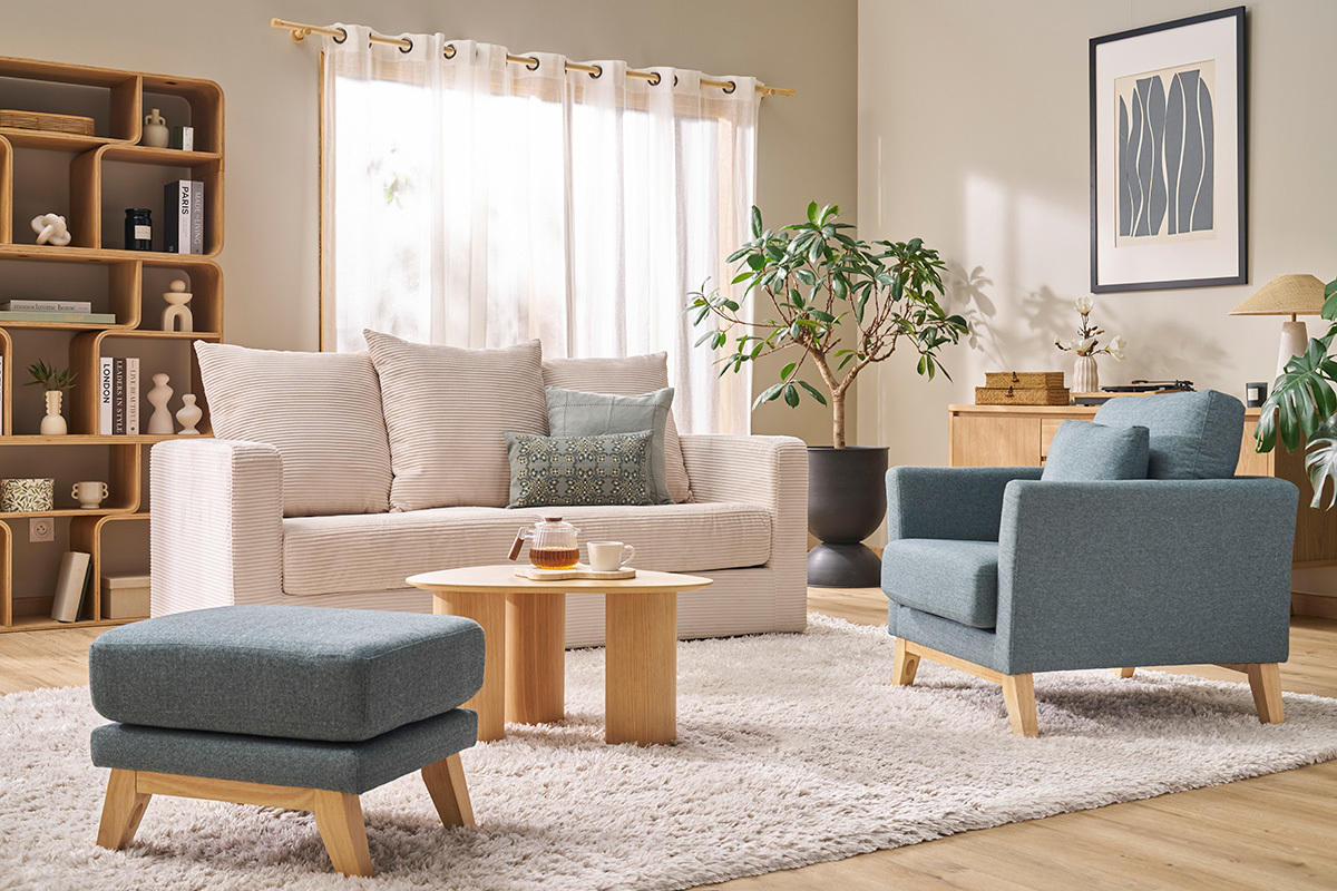 Poltrona scandinava sfoderabile in tessuto grigio-verde e legno chiaro OSLO