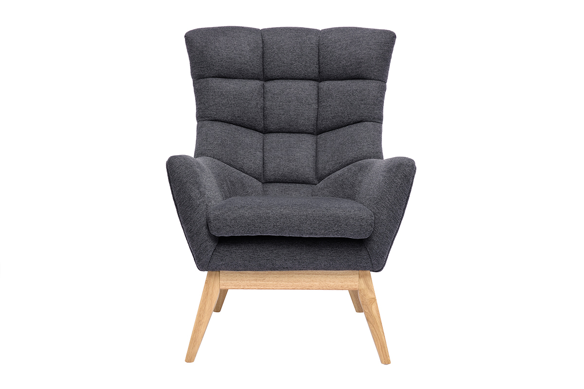 Poltrona scandinava tessuto effetto velluto testurizzato grigio scuro e legno BRODY