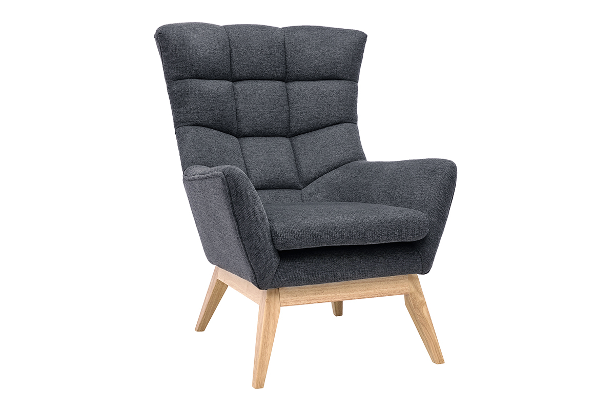 Poltrona scandinava tessuto effetto velluto testurizzato grigio scuro e legno BRODY