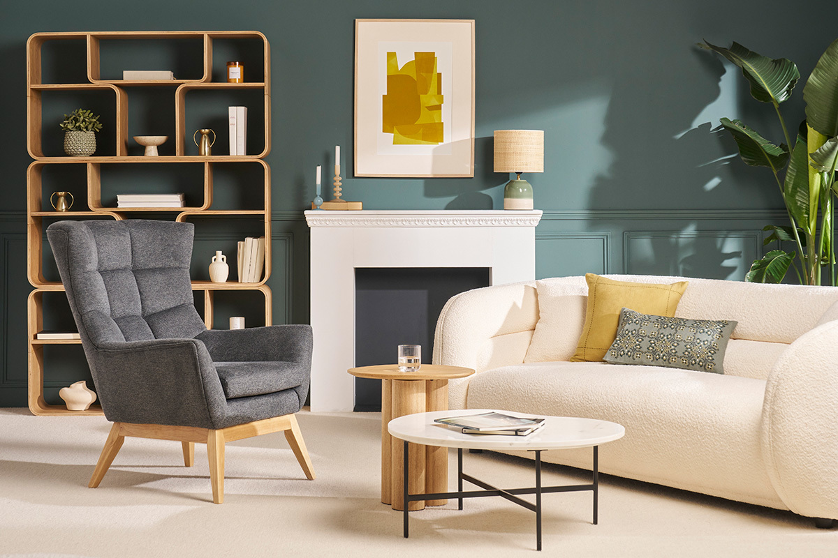 Poltrona scandinava tessuto effetto velluto testurizzato grigio scuro e legno BRODY