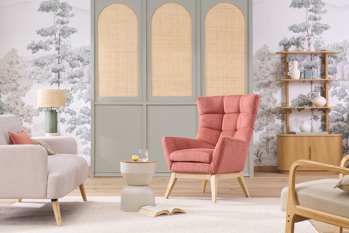 Poltrona scandinava tessuto effetto velluto testurizzato terracotta e legno BRODY