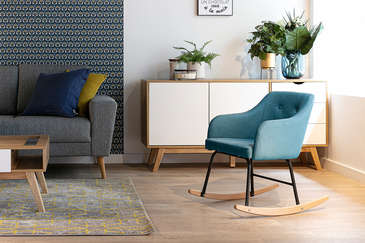 Poltrona sedia a dondolo design in tessuto blu anatra BALTIK